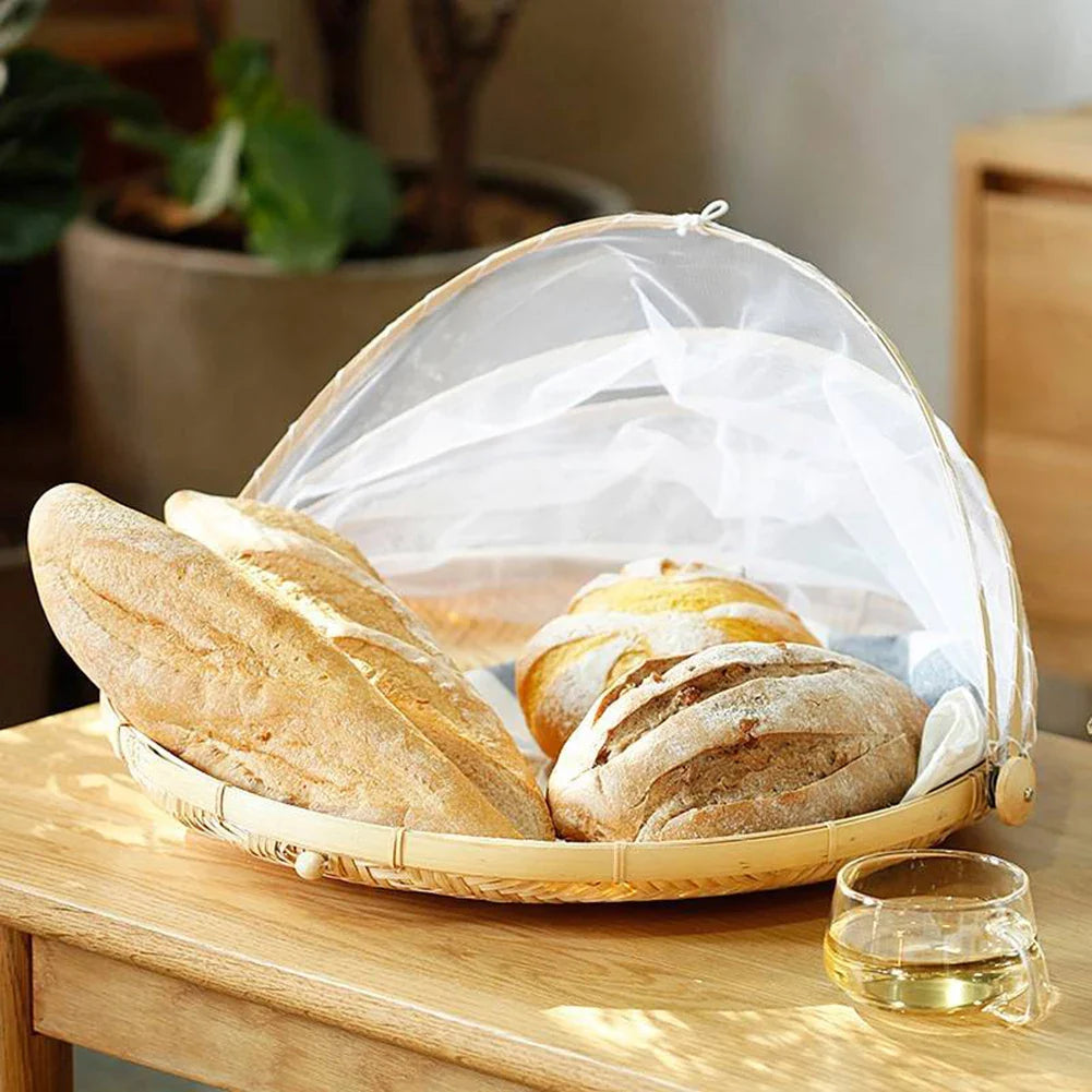 Bamboo Woven Basket with Anti-Mosquito Net – Portable Outdoor Fruit & Vegetable Tray with Mesh Cover