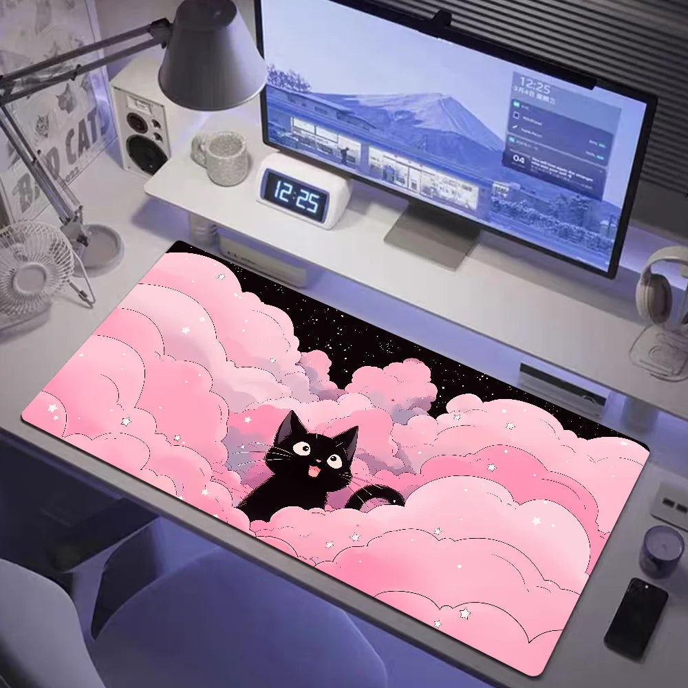 Kawaii Black Cat XXL Mouse Pad — Green Plants Anime Desk Mat for PC Gaming & Keyboard Accessories
