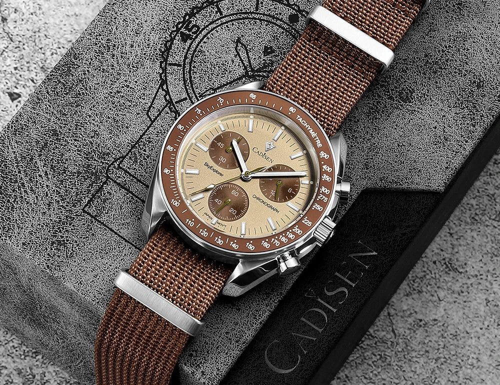 CADISEN Men's Luxury Watch – Quartz VK68 Chronograph, Sapphire AR Crystal, Canvas Strap Speed Style Wristwatch