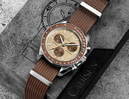 CADISEN Men's Luxury Watch – Quartz VK68 Chronograph, Sapphire AR Crystal, Canvas Strap Speed Style Wristwatch