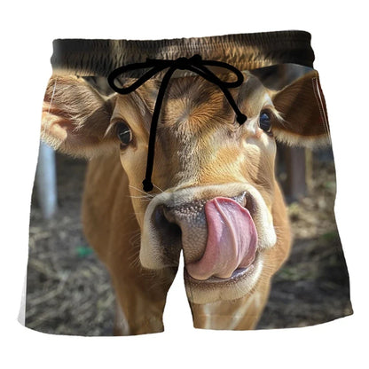 Funny Cow Print Beach Shorts - Men’s 3D Animal Print Summer Swim Trunks