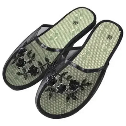 Women’s Sequin Mesh Indoor Slippers – Summer Hollow Flat Beach Flip Flops with Creative Flower Design