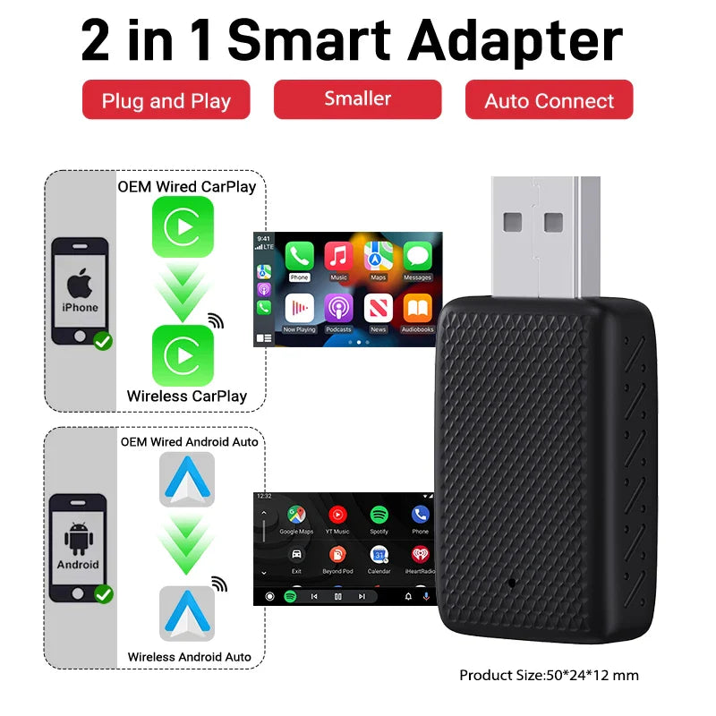 2025 2-in-1 Wired to Wireless CarPlay Adapter – Android Auto Smart Box, Plug & Play, Universal with OTA Update