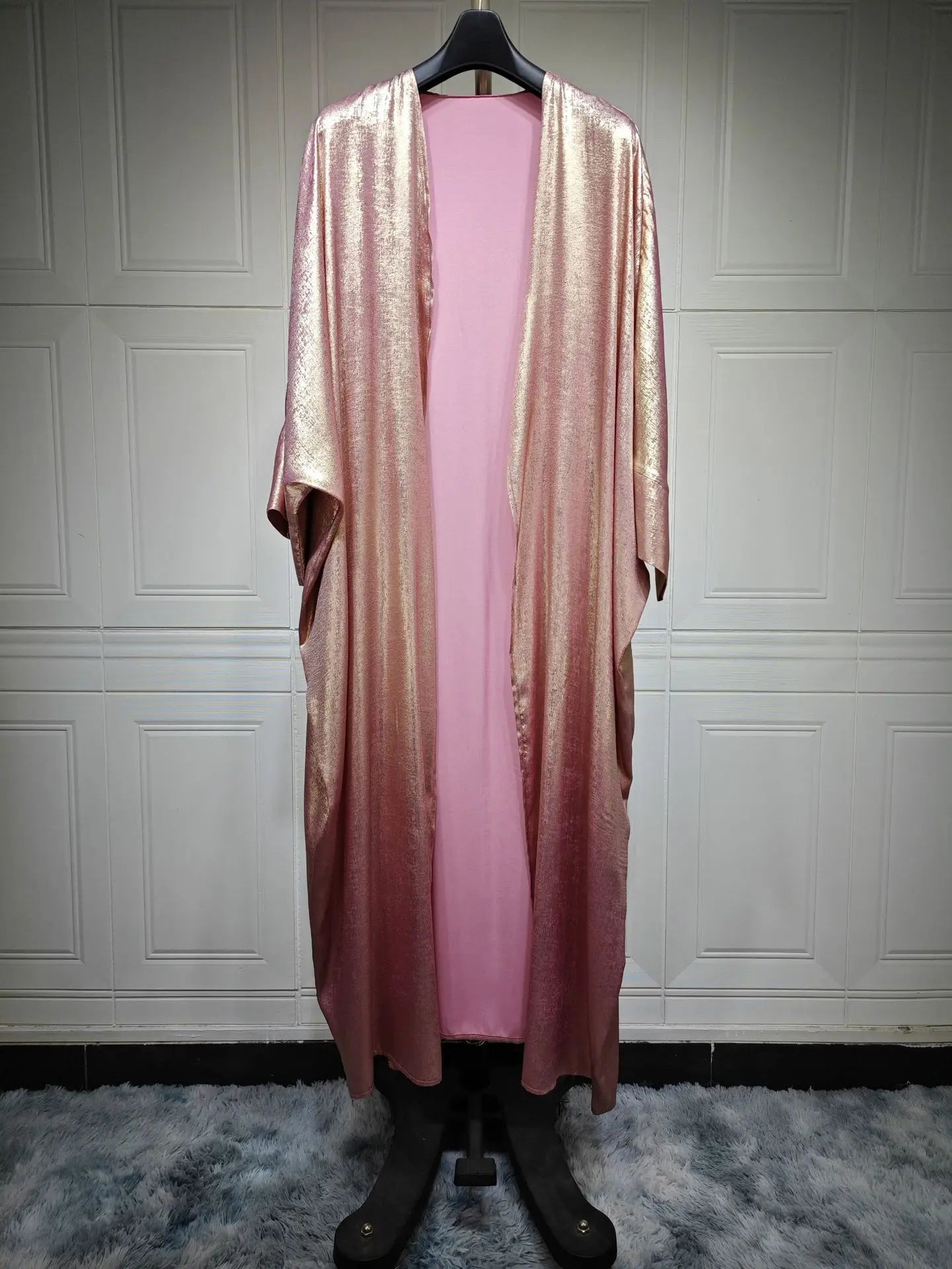 Women’s Shiny Satin Open Kimono Abaya – Luxury Dubai Ramadan Muslim Kaftan Dress