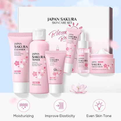6PCS Sakura Skincare Set – Face Cream, Serum, Toner, Cleanser, Sunscreen & Eye Cream in Gift Box