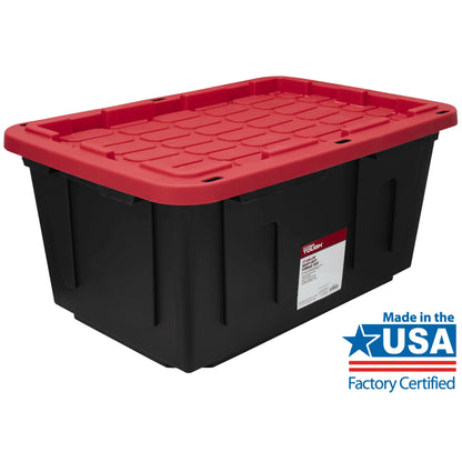 4-Pack 27 Gallon Large Storage Bins – Stackable Plastic Containers with Snap-On Lid, Black & Red