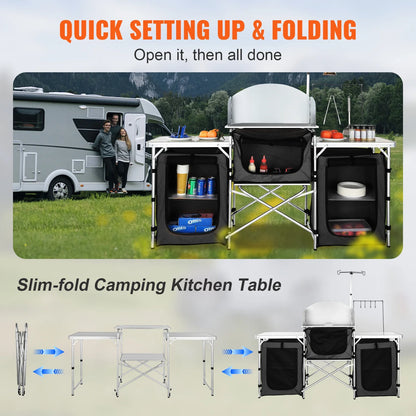 VEVOR Foldable Camping Kitchen Table – Outdoor Cooking Cabinet with Storage Rack & X-Shaped Aluminum Alloy Frame for BBQ & Picnic