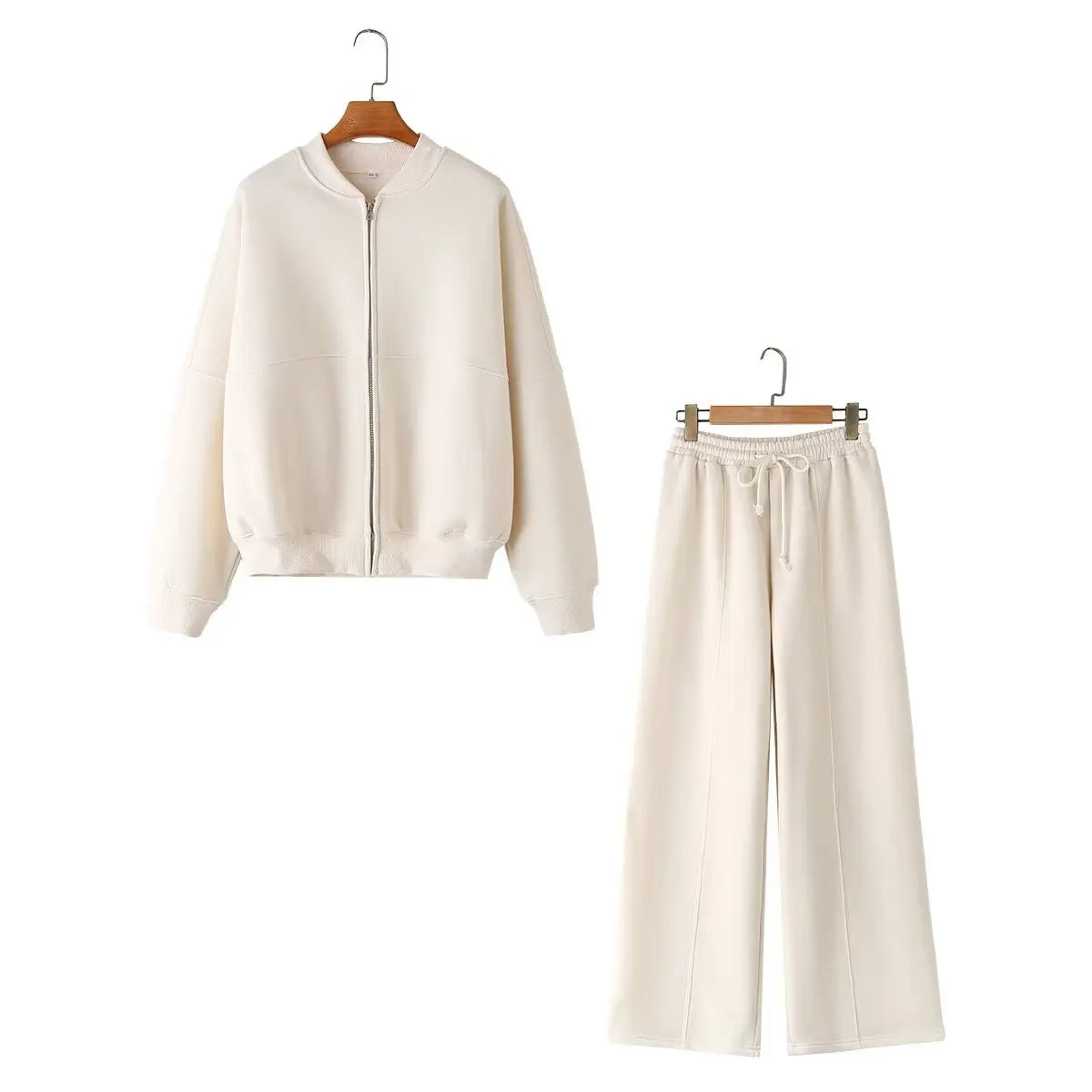 TRAFZA Women’s 2-Piece Retro Set – Solid Zipper Bomber Jacket & High-Waisted Lace-Up Velvet Pants