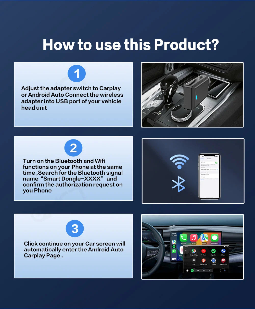 Tripodpie 2 in 1 Wireless CarPlay Adapter – Android Auto Smart USB Dongle, Plug & Play for Havel, Kia, Volvo, Audi, MG, VW, Hyundai, Jeep