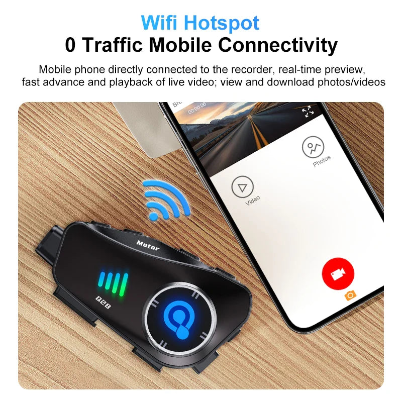 Q28 Motorcycle Helmet Bluetooth Headset — 1080P HD Wireless Camera with Super Wide-Angle Lens, WiFi, IP66 Waterproof Video Recorder