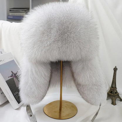 Natural Raccoon & Fox Fur Russian Ushanka Hat – Women’s Black Winter Bomber Cap with Ear Flaps