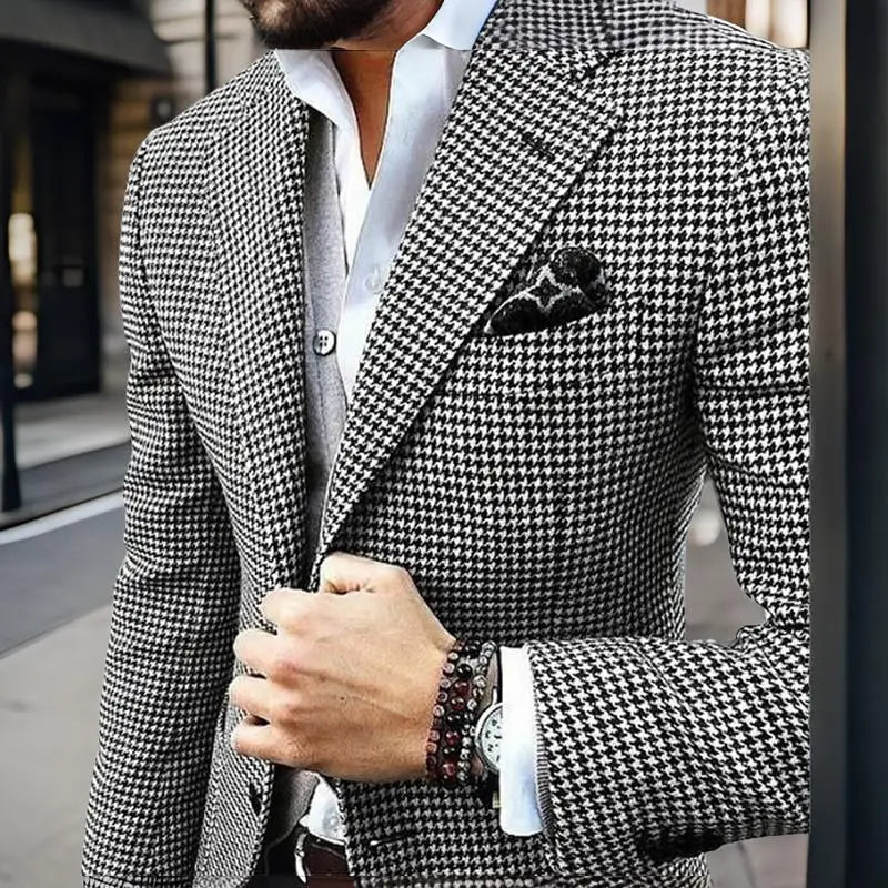Men’s Slim Fit Houndstooth Blazer — Italian Style Casual Suit Jacket, Notched Lapel Check Coat for Wedding, Prom & Party 2024