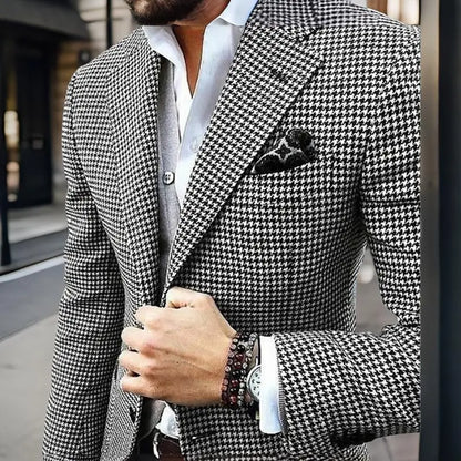 Men’s Slim Fit Houndstooth Blazer — Italian Style Casual Suit Jacket, Notched Lapel Check Coat for Wedding, Prom & Party 2024
