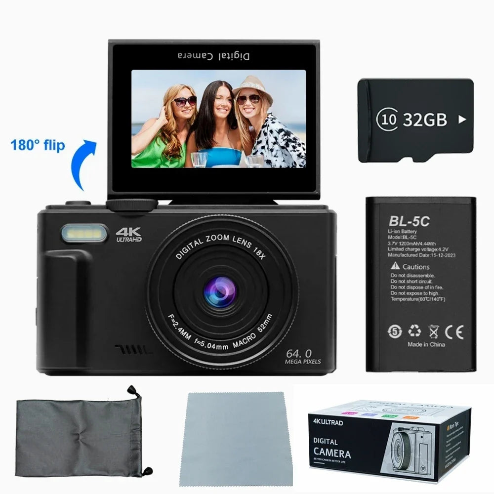 4K Digital Camera – 64MP Compact Photography & Vlogging Camera with 18X Digital Zoom, 3'' 180° Flip Screen & Flash