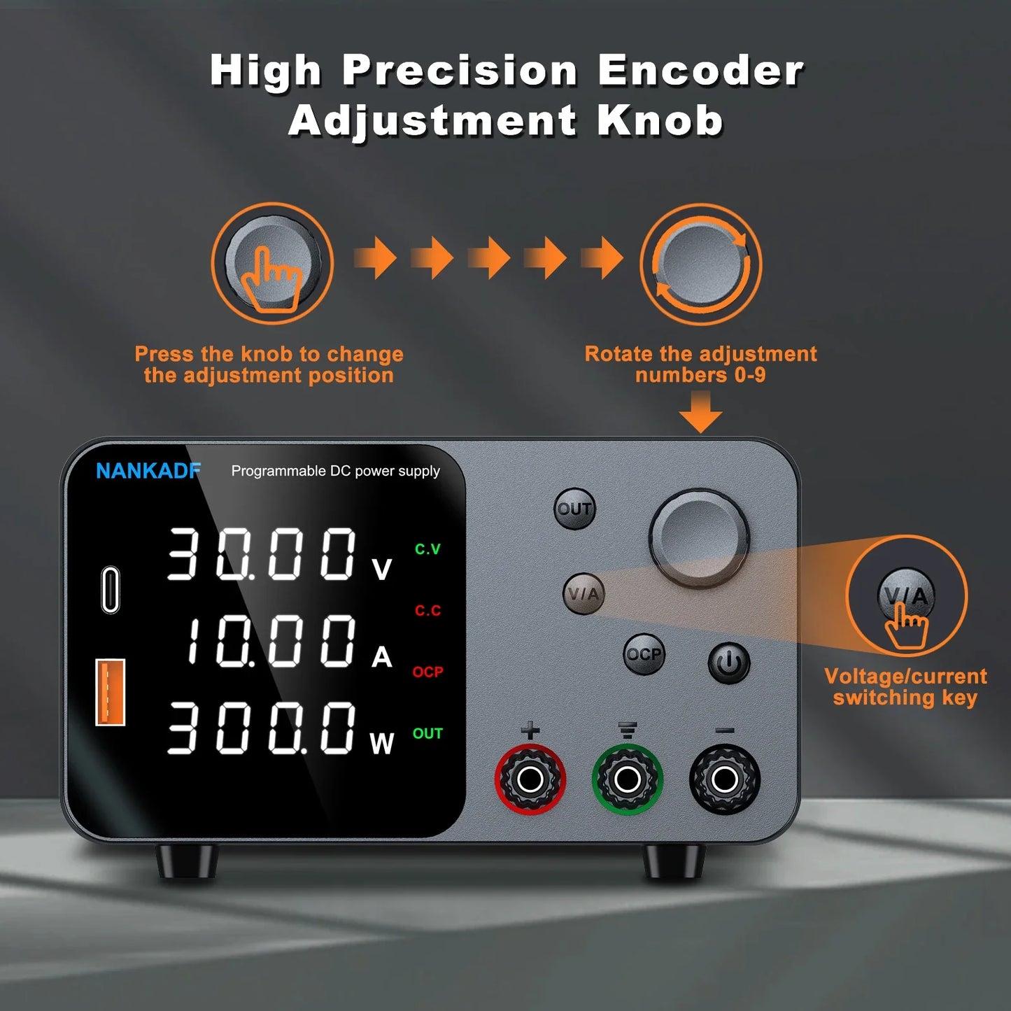 30V 10A Adjustable DC Lab Power Supply – 4-Digit LED Display, USB-A/Type-C 5V/3.6A Fast Charge with Encoder Control
