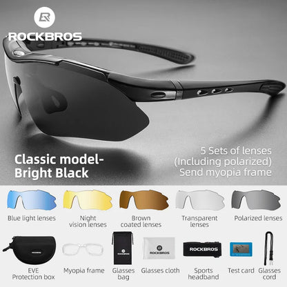 ROCKBROS Cycling Sunglasses — Polarized Photochromic MTB Sports Goggles with 5/3 Lenses