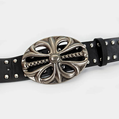 Unisex Punk Gothic Jeans Belt - Wide Hollow Cross & Heart Rivet Waistband for Women and Men