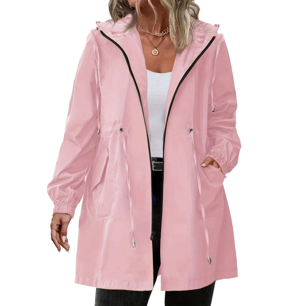 Women’s Hooded Trench Coat - Long Sleeve Mid-Length Windbreaker for Spring & Autumn