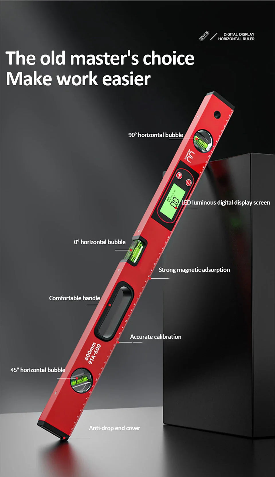 30/40/50cm Digital Display Magnetic Angle Level — Aluminum Alloy Protractor Inclinometer Ruler 90° Measurement Tool