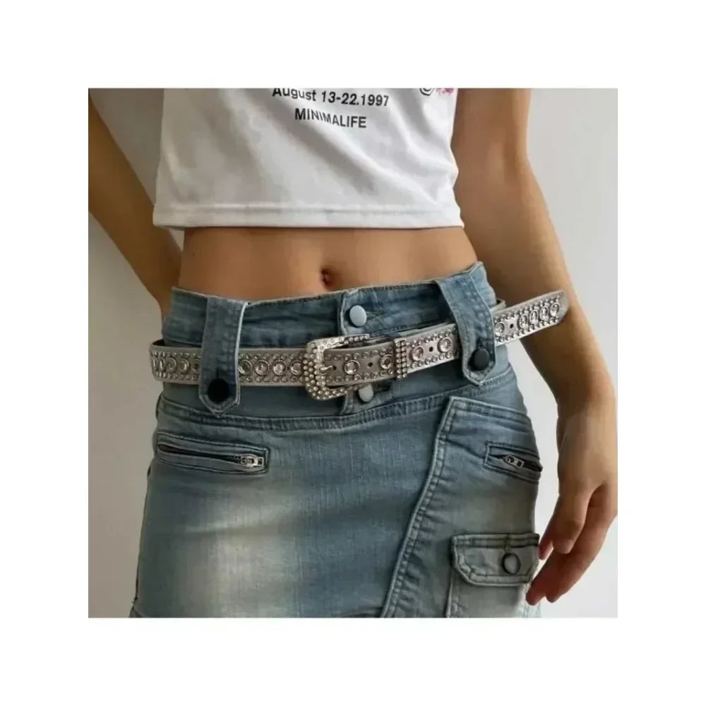 Y2K Women’s PU Leather Rhinestone Belt – Adjustable Glitter Crystal Waistband for Club & Party