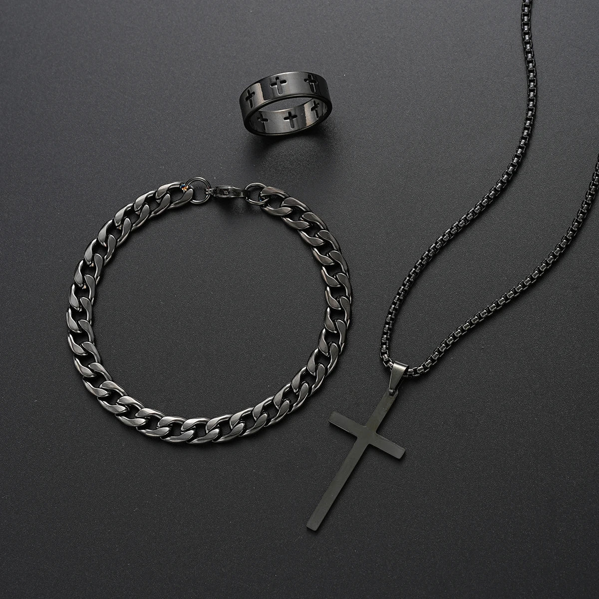 3-Piece Stainless Steel Jewelry Set – Men’s & Women’s Retro Bracelet, Necklace, Ring for Punk Hip Hop Fashion