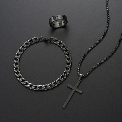 3-Piece Stainless Steel Jewelry Set – Men’s & Women’s Retro Bracelet, Necklace, Ring for Punk Hip Hop Fashion
