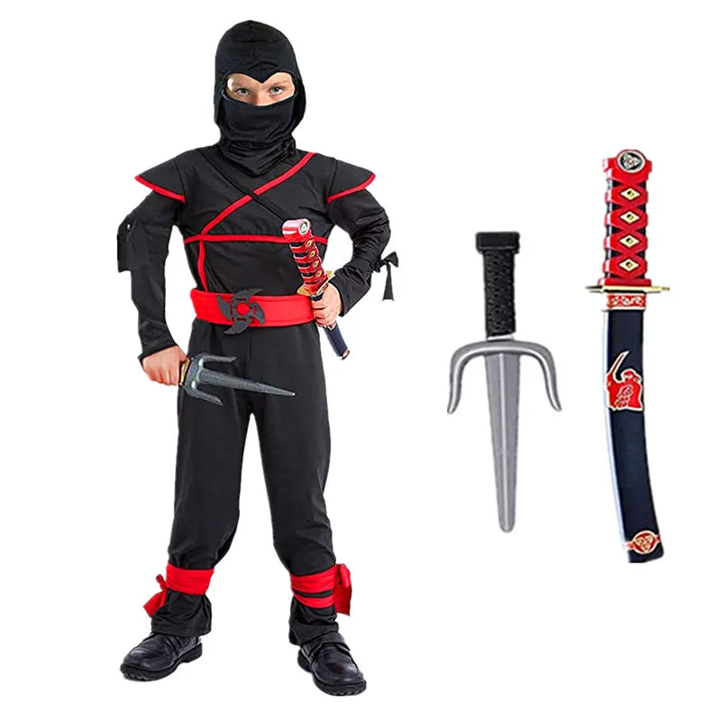 Kids Black Ninja Costume Set — Anime Samurai Outfit with Mask & Fighting Toy for Holidays & Gifts
