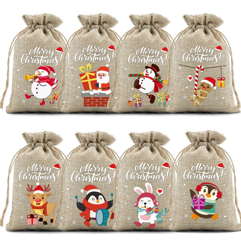 2025 Christmas Burlap Drawstring Gift Bag - Santa Candy Pouch for Holiday Present Packaging, Halloween & New Year Decor