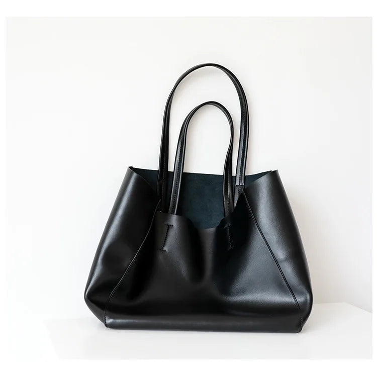 Customizable Name Large Capacity Commuter Bag – 100% Genuine Leather Soft Tote, Single Shoulder & Diagonal Shopping Bag