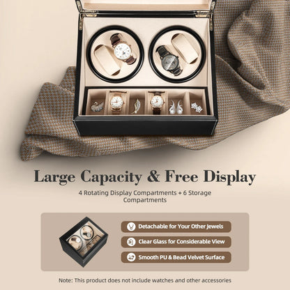 4+6 Slot Automatic Watch Winder – Leather & Wood Luxury Display Case with Pillow, Black/Brown