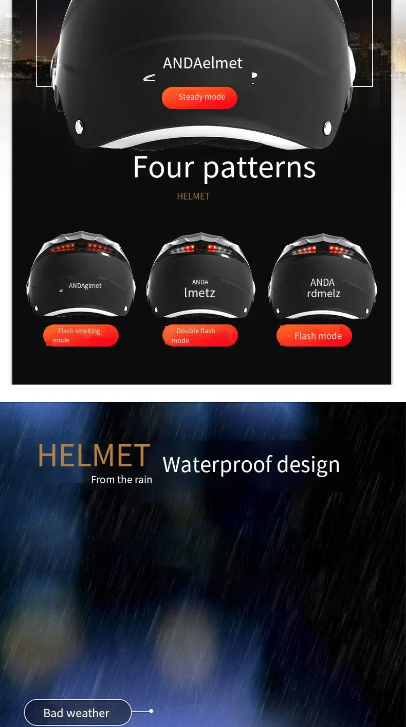 Motorcycle Helmet with LED Lights – Double Visor Moped Helmet for Men & Women, Electric Scooter & Bicycle Light, Rechargeable