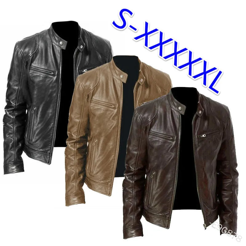 Men’s Slim Fit Motorcycle Leather Jacket – Short Lapel PU Zipper Windproof Coat for Autumn