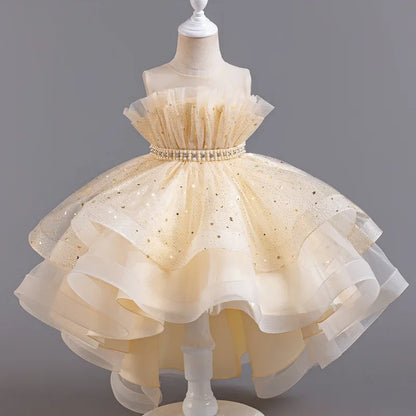 Lace Mesh Girls’ Party Dress - Sleeveless Solid Color Summer Evening Dress for Ages 3–12