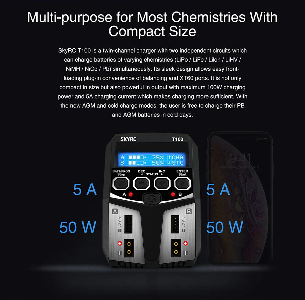 SKYRC T100 AC Dual 5A Lipo Battery Charger — 2x50W Balance Charger for 2-4S NiMH, NiCd, LiPo, LiFe, LiIon, LiHV RC Cars