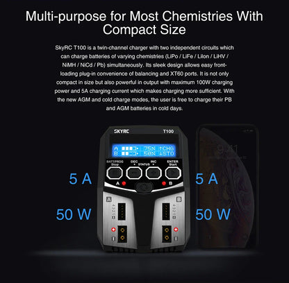 SKYRC T100 AC Dual 5A Lipo Battery Charger — 2x50W Balance Charger for 2-4S NiMH, NiCd, LiPo, LiFe, LiIon, LiHV RC Cars