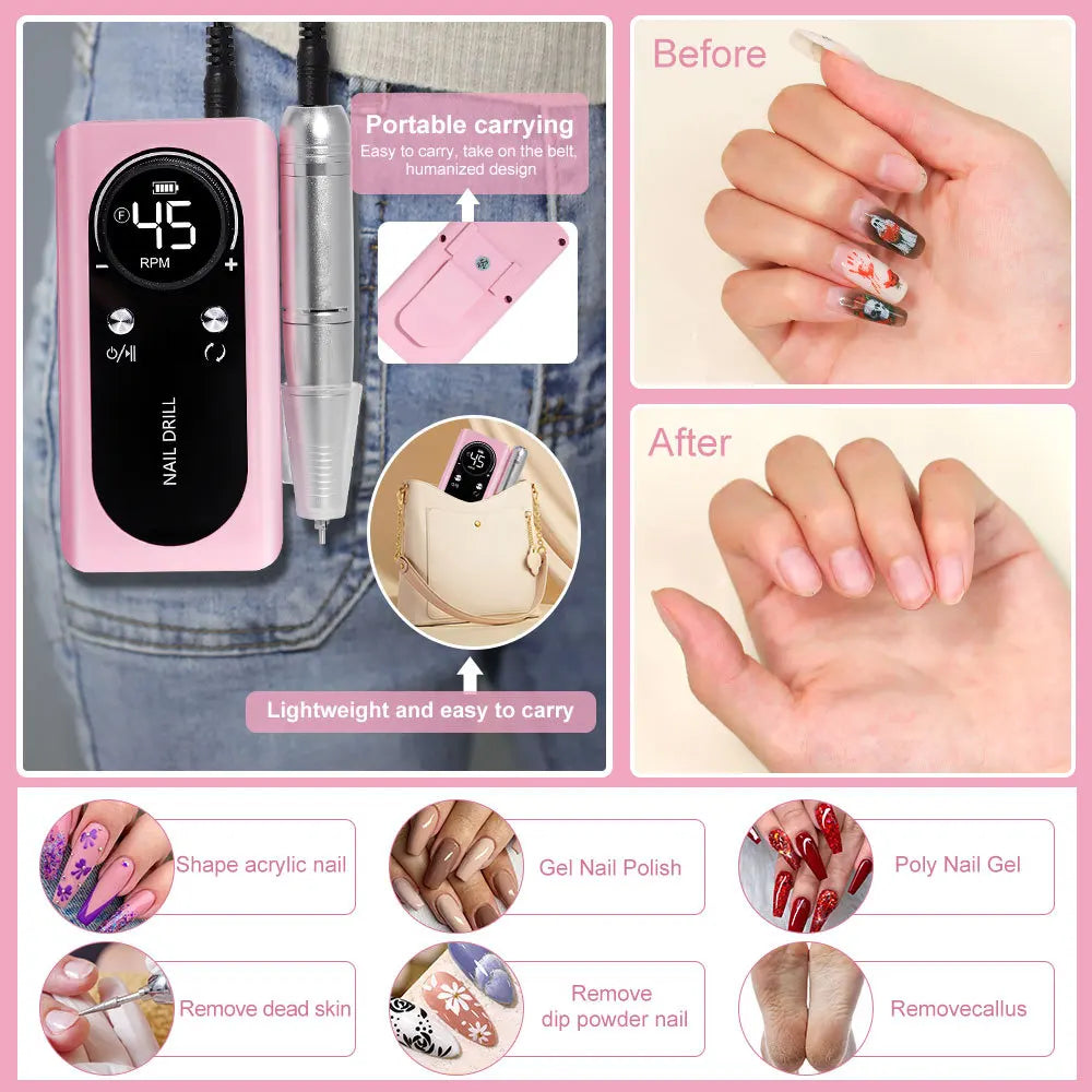Effortless Precision: Original 45000RPM Rechargeable Nail Drill Machine with LCD - Low Noise Professional Nail Polish Sander, Complete Nails Accessories Set