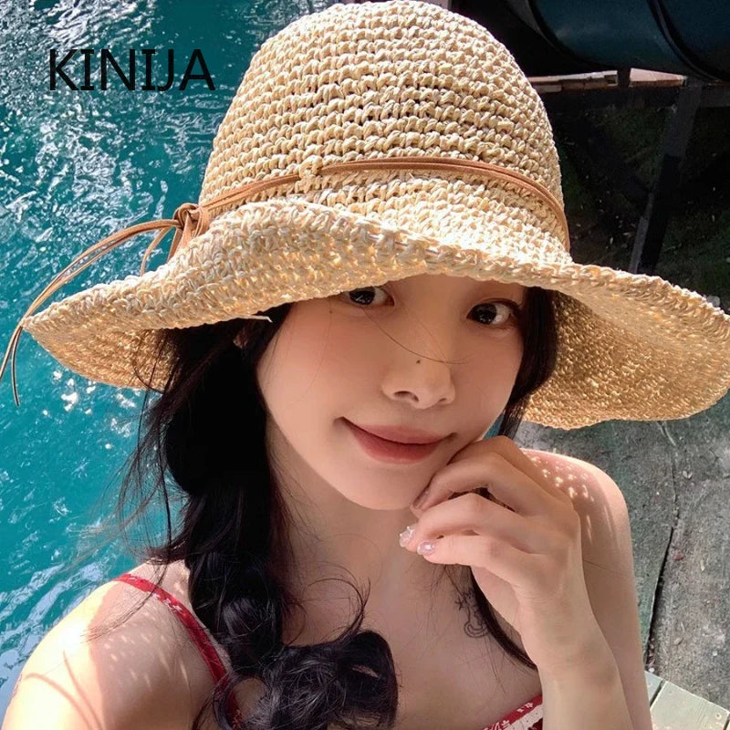 Women’s Holiday Beach Sun Hat – Large Brim Woven Straw Fisherman Hat with Bow, Seaside Sun Protection Panama Chapeau Korean Style