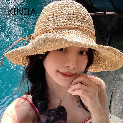 Women’s Holiday Beach Sun Hat – Large Brim Woven Straw Fisherman Hat with Bow, Seaside Sun Protection Panama Chapeau Korean Style