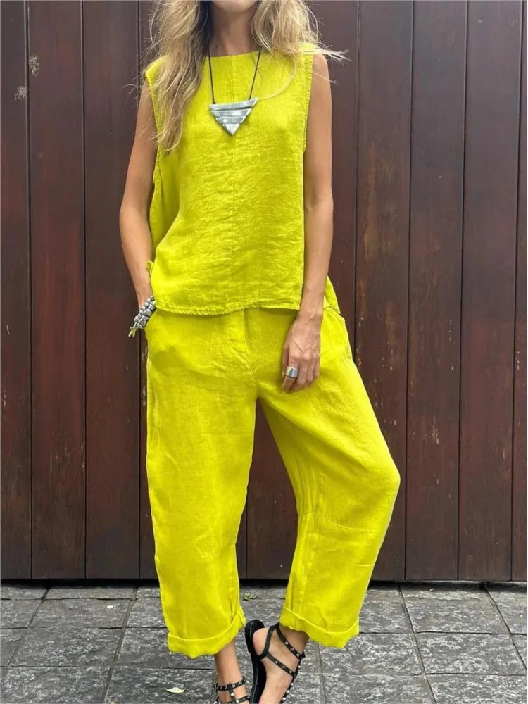 Women Summer Cotton Linen 2-Piece Set – Sleeveless Solid Color Top & Trousers Casual Fashion Outfit Suit