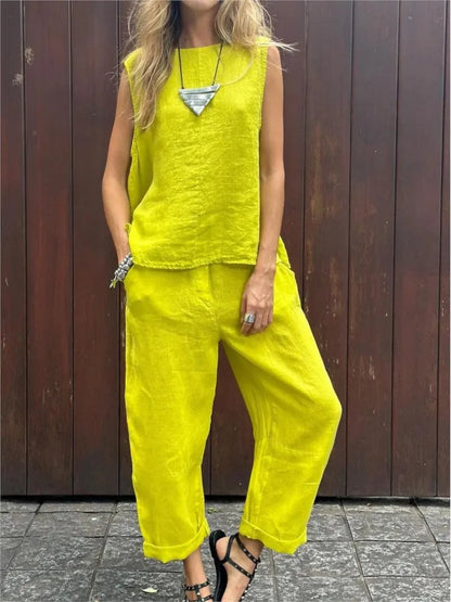 Women Summer Cotton Linen 2-Piece Set – Sleeveless Solid Color Top & Trousers Casual Fashion Outfit Suit