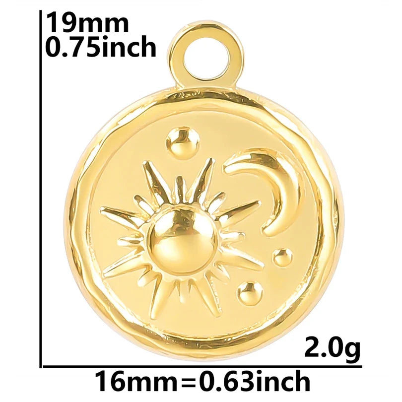 6pcs Real Gold-Plated Sun Charms - Stainless Steel Jewelry Making Pendants, Heart, Moon & Sunshine Design