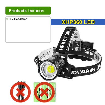 80,000LM Powerful XHP360 LED Headlamp – USB Rechargeable Ultra Bright Headlight Flashlight, Large Aperture Camping & Fishing Head Lantern Waterproof Outdoor Torch