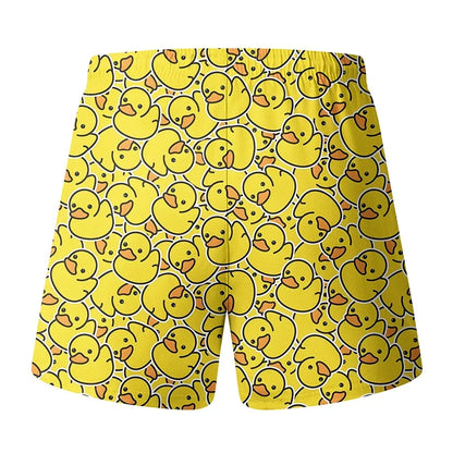 Men's Funny Duck Print Swim Shorts - Quick-Dry 2-in-1 Beach Board Shorts with Phone Pocket