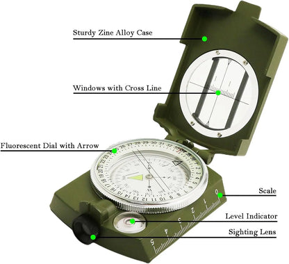 Multifunctional High-Precision Military Compass — Waterproof Metal Outdoor Survival Camping Compass with Fluorescent & Geological Features