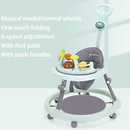 Baby Activity Walker with Music & Lights – Removable Footrest, Toy Rack, Feeding Tray, One-Hand Folding Portable Infant Chair