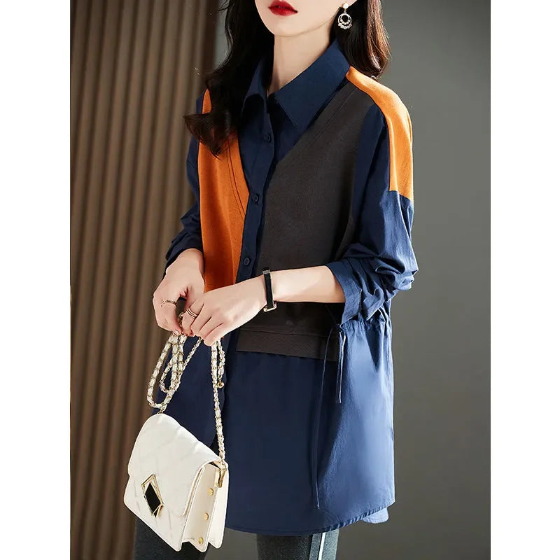 Women’s Fashion Lantern Sleeve Shirt – French Patchwork Blouse, Single-Breasted Business Casual Office Top