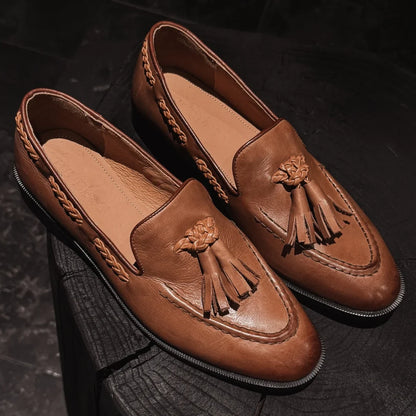 Women’s Cow Leather Moccasin Loafers – Round Toe Slip-On Flats with Fringe, Soft Comfortable Casual Daily Shoes