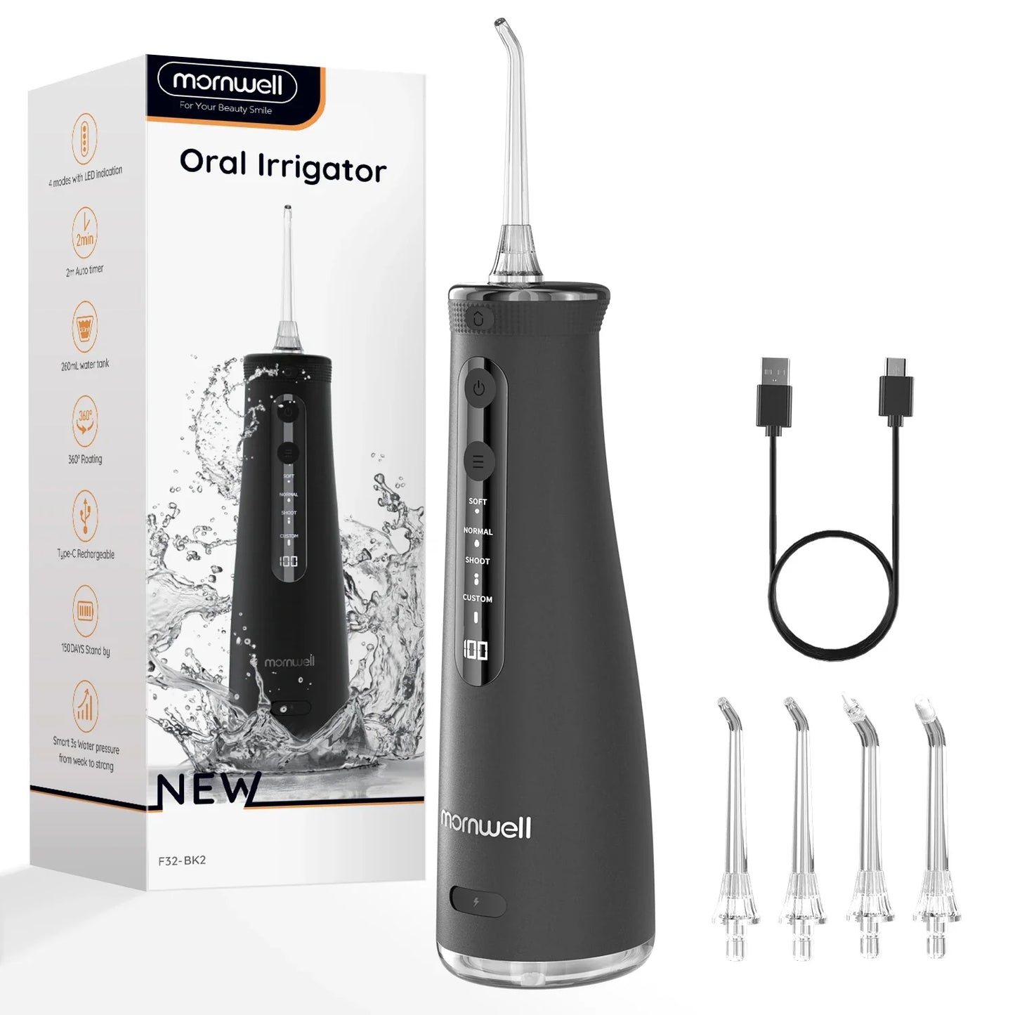 Mornwell F32 Sonic Water Flosser - 260ML Oral Irrigator Dental Teeth Cleaner Whitening Device For Home Care