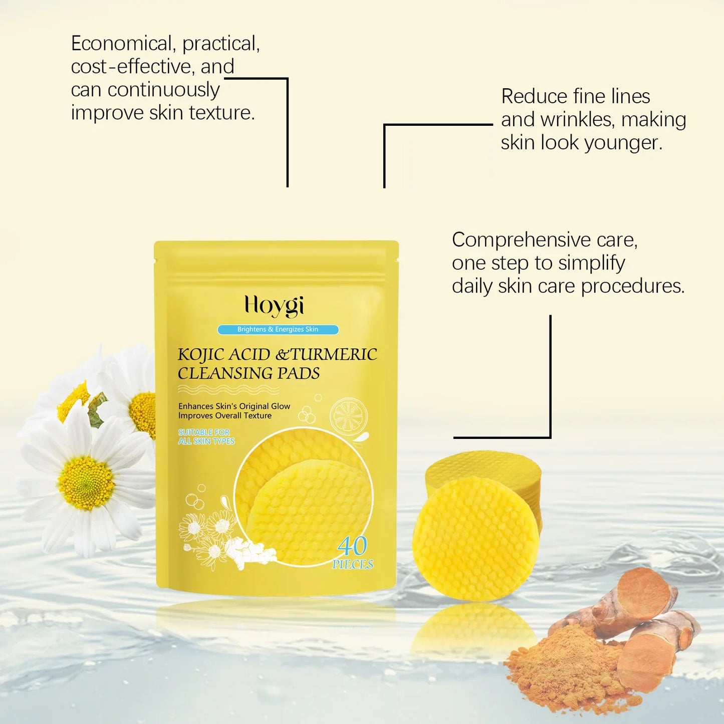Turmeric & Kojic Acid Facial Cleansing Pads — Lemon Deep Cleanse, Brightening & Whitening Cotton Pads for Face Skincare