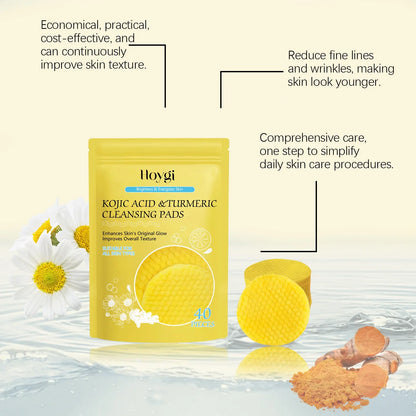 Turmeric & Kojic Acid Facial Cleansing Pads — Lemon Deep Cleanse, Brightening & Whitening Cotton Pads for Face Skincare